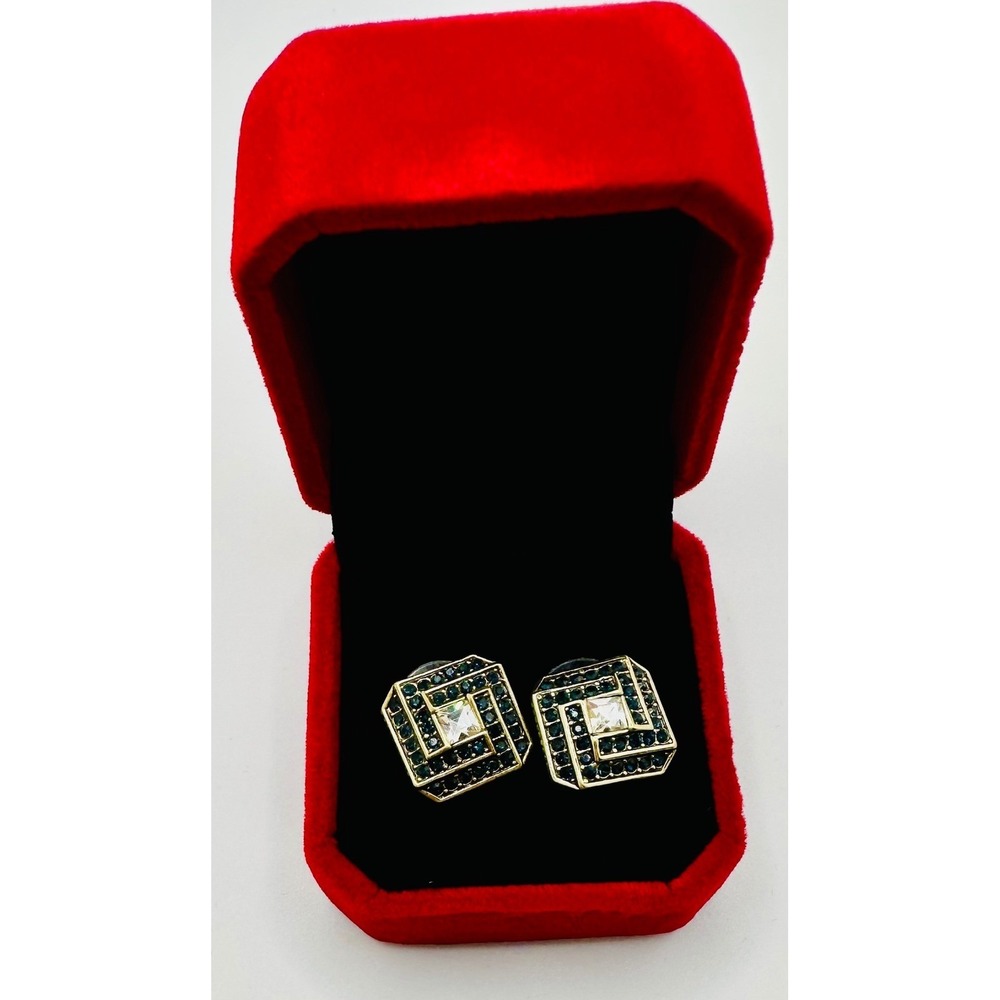 Heidi Daus Black Clear Crystal Greek Key Art Deco Gold Tone Stud Earrings Square